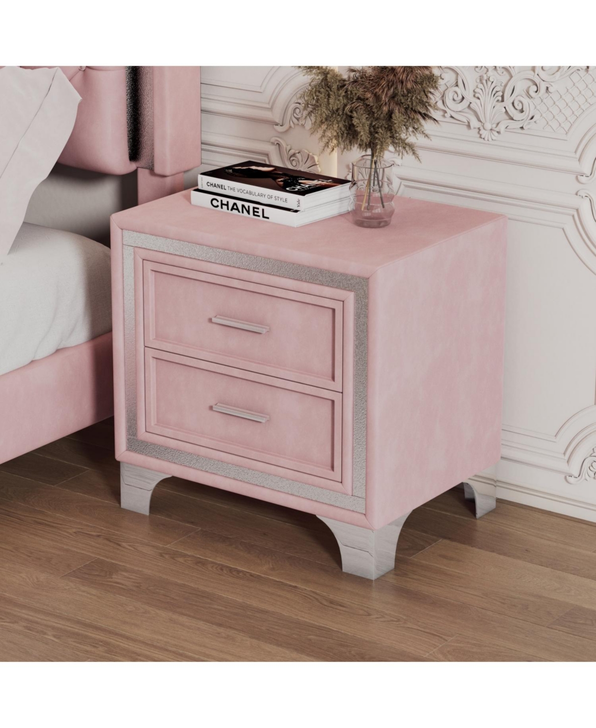 Streamdale Furniture Mid-Century Velvet Nightstand, Pink