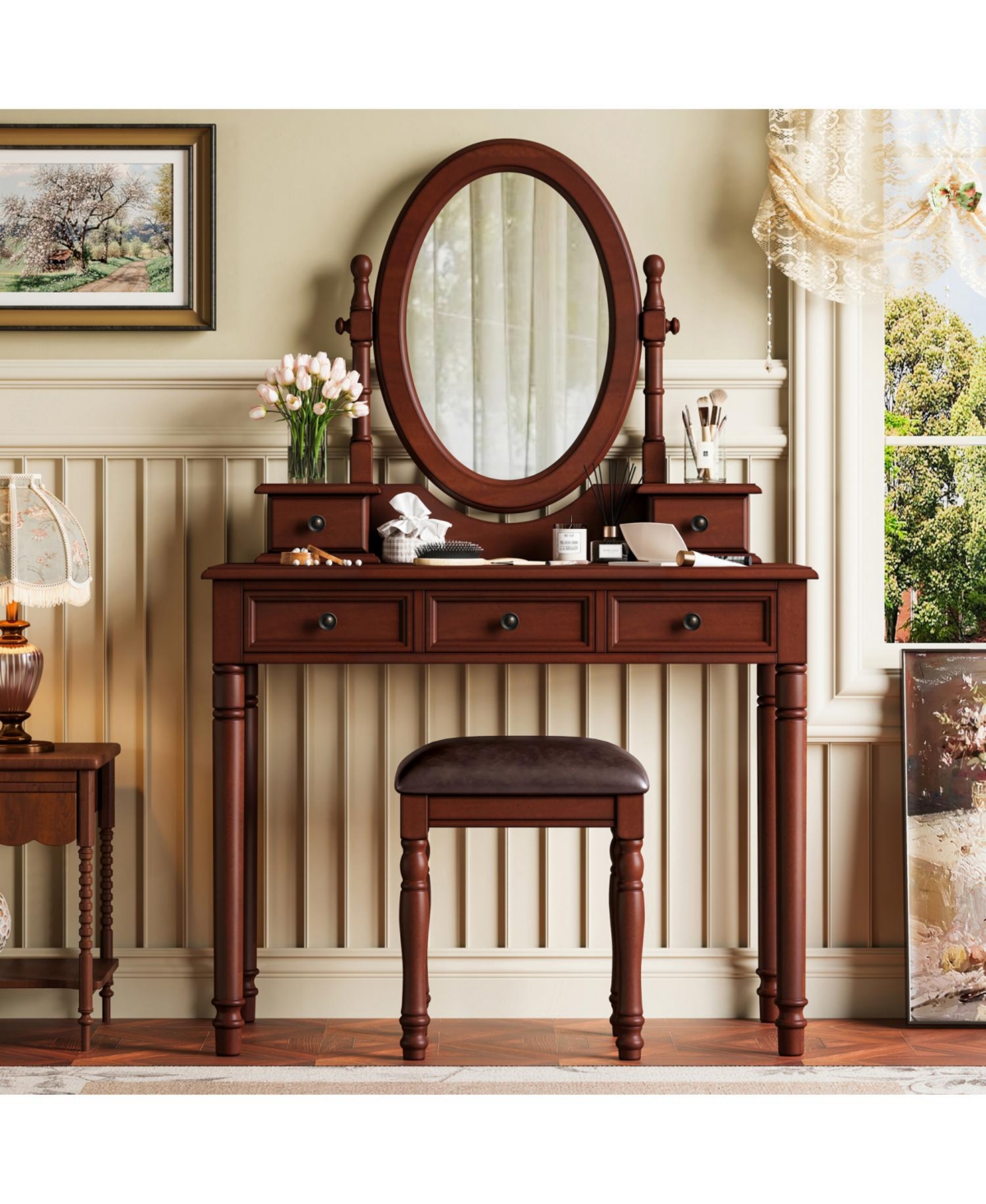 Streamdale Furniture Vanity Desk with Mirror, Cushioned Stool, 5 Drawers - Walnut