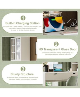 Streamdale Vanity Desk with Mirror, Charging, Storage, Drawers & Shelves - White