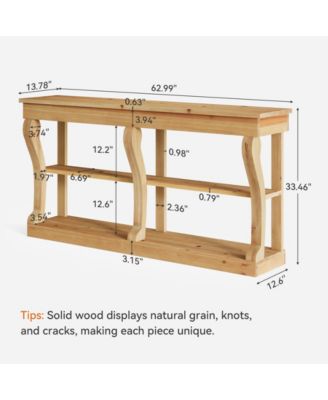 63" Solid Wood Console Table, 3-Tier Farmhouse Sofa Table with Storage
