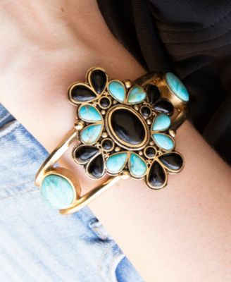 Barcelona Blue Turquoise Black Onyx Golden Cuff Bracelet
