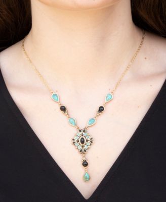 Barcelona Black Onyx and Blue Turquoise Golden Y-Necklace