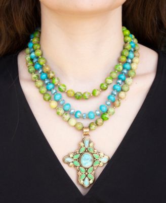 Legacy Lime Green and Blue Turquoise Golden Cross Pendant Statement Necklace