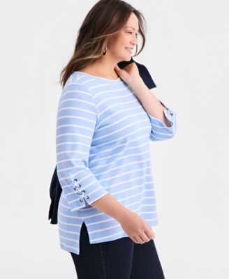 Plus Size Boat-Neck Cotton Lace-Up-Sleeve Tunic