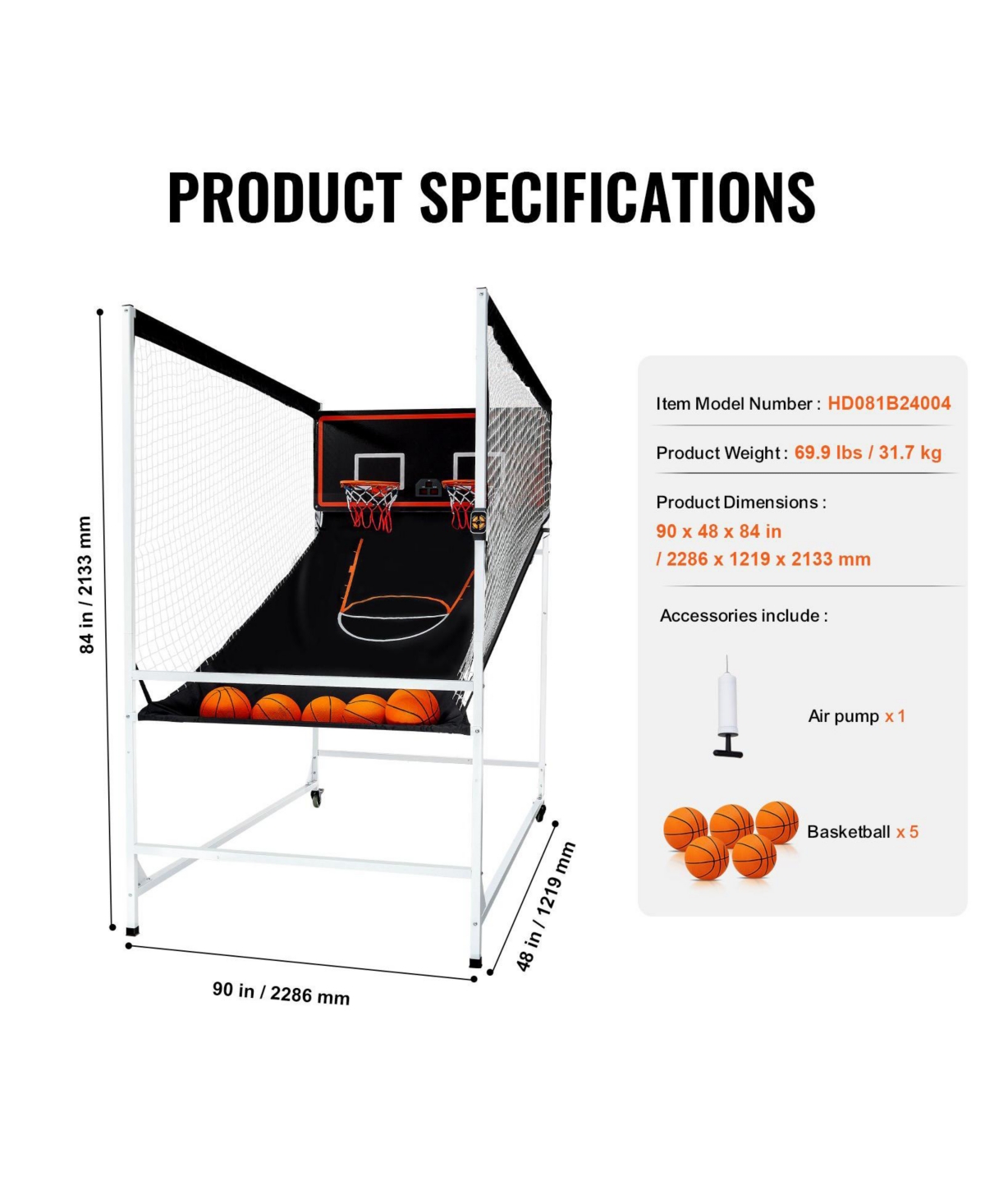 Mecale Arcade Cage Basketball Game, 2-Player Indoor Dual Shot with 5 Balls, 8 Game Modes, Electronic Scoreboard and Pump (Black & White
