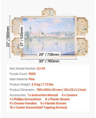 1000-Piece Rotating Puzzle Board with 5 Drawers and Cover, 29x21 in Portable Wooden Jigsaw Table for Adults