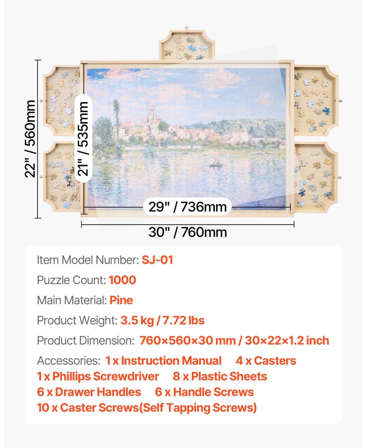 Mecale 1000-Piece Rotating Puzzle Board with 5 Drawers and Cover, 29x21 in Portable Wooden Jigsaw Table for Adults