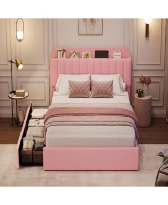 Boucle Storage Bed with Built-In Bookcase, 2 Drawers, Sturdy Frame, No Box Spring Required - Full