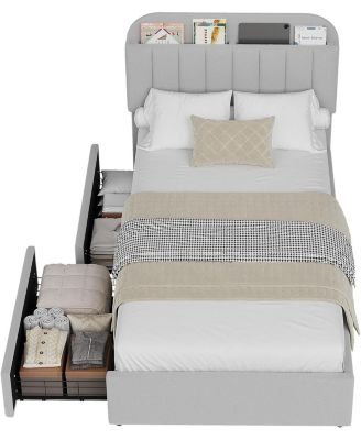 Boucle Storage Bed with Built-In Bookcase, 2 Drawers, Sturdy Frame, No Box Spring Required - Full