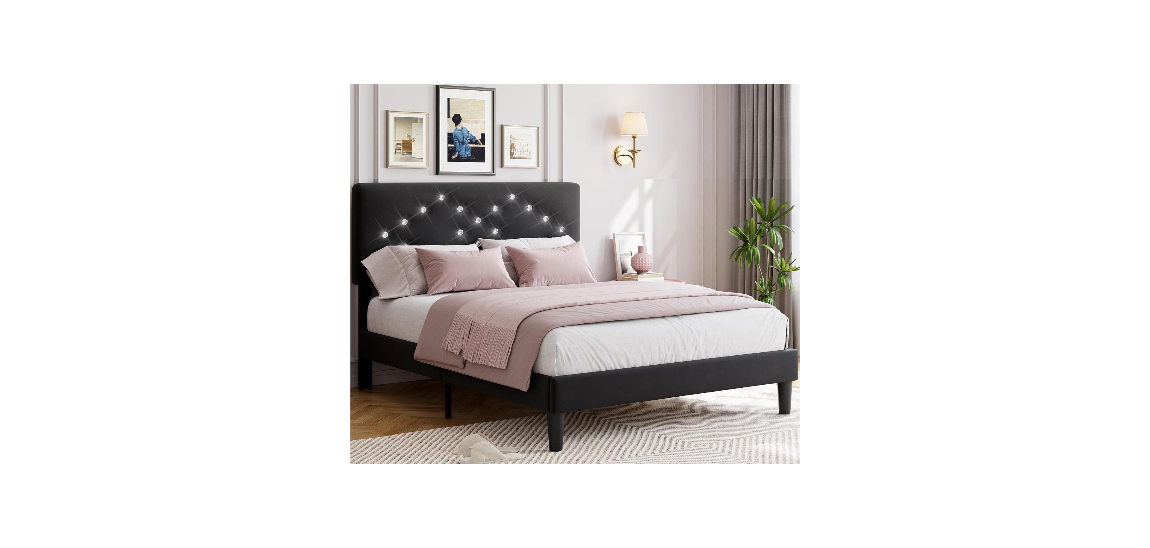 gaomon Full Size Upholstered Platform Bed with Button Tufted Headboard, Under Bed Storage, Sturdy Wood Slats