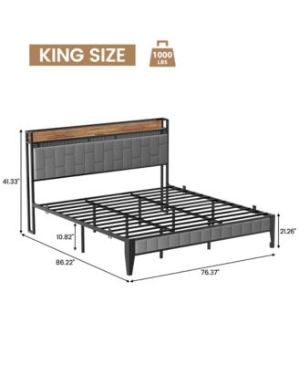 King Bed Frame with Storage Headboard LED Platform Bed Charging Station