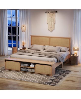 King Rattan Platform Bed with Sliding Barn-Door Storage Natural Wood Frame  and Solid Wood Legs Strong Support No Box Spring Needed