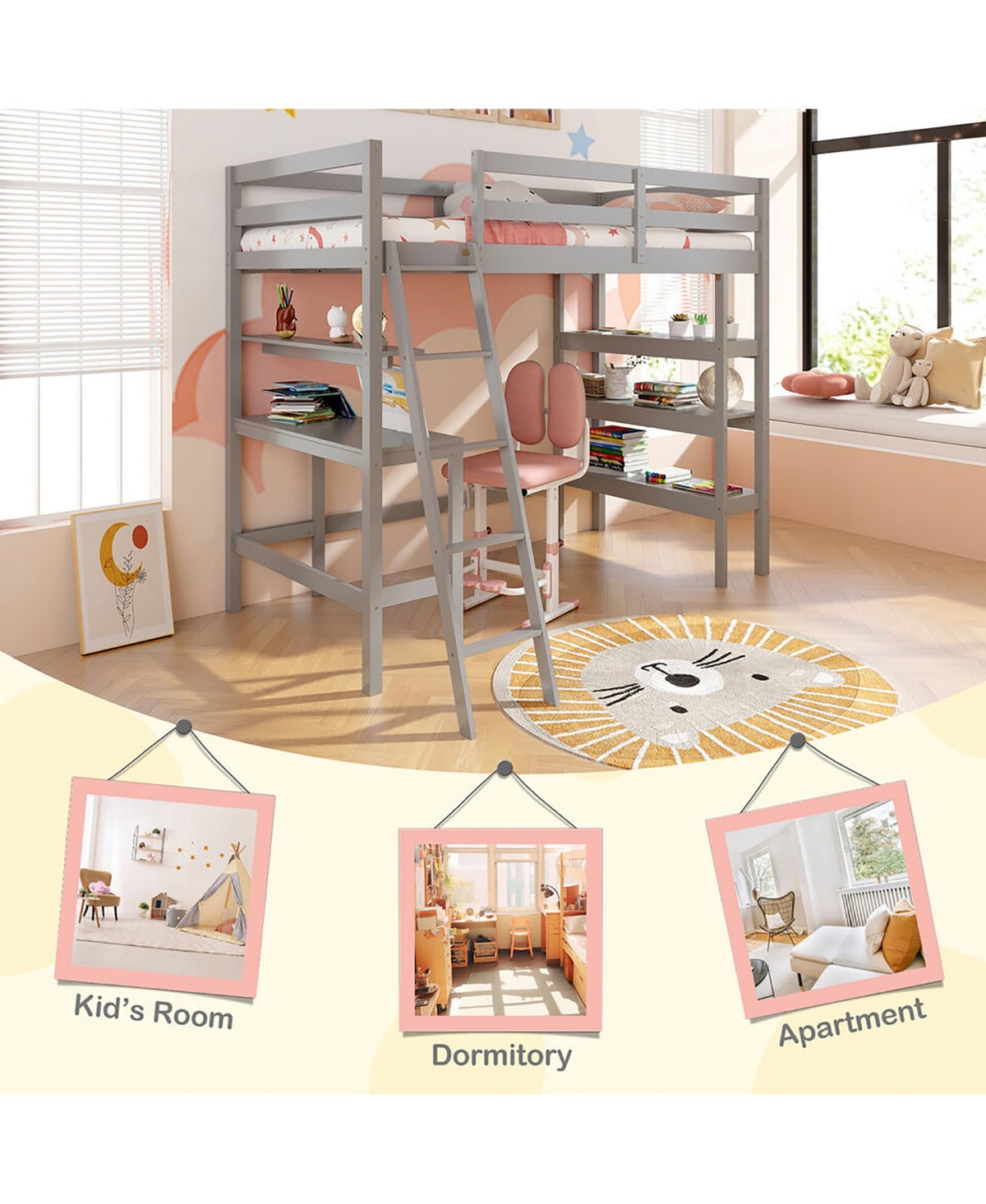 Gymax Twin Solid Wood Loft Bed w/ Desk & Bookshelves Ladder Guardrails