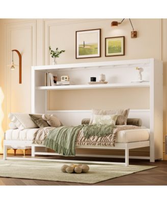 Twin Size Murphy Bed with Shelves, Metal Wall Bed with Foldable and Space-saving Design, White