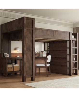 Wooden Queen Loft Bed with Wardrobe, Desk, Storage Headboard