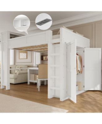 Wooden Queen Loft Bed with Wardrobe, Desk, Storage Headboard