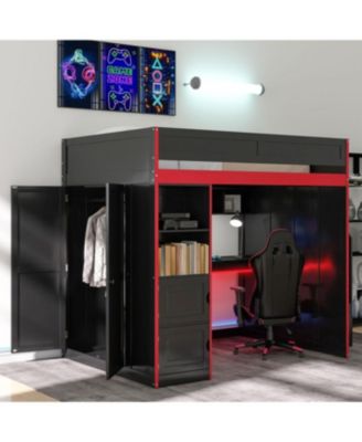 Gaming Loft Bed with Desk and Storage, LED Lights, Twin