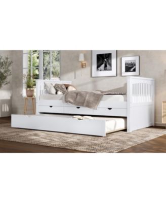 Twin Platform Bed with Drawers, Trundle, Solid Wood Daybed, White