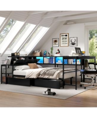 Streamdale Twin Corner Bed Frame with Bookcase, LED, and Storage Drawers