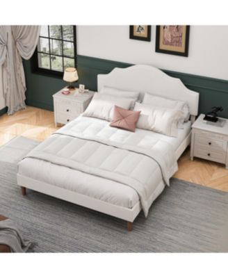 Queen Size Upholstered Platform Bed with Adjustable Headboard, White