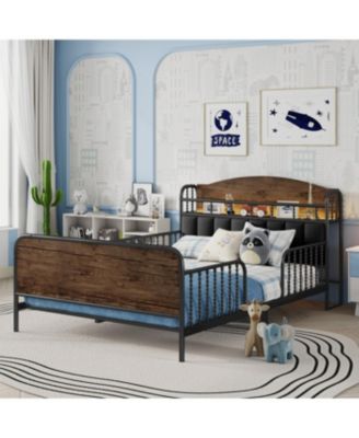 Streamdale Full Size Metal Platform Bed Frame with Storage Headboard, Black