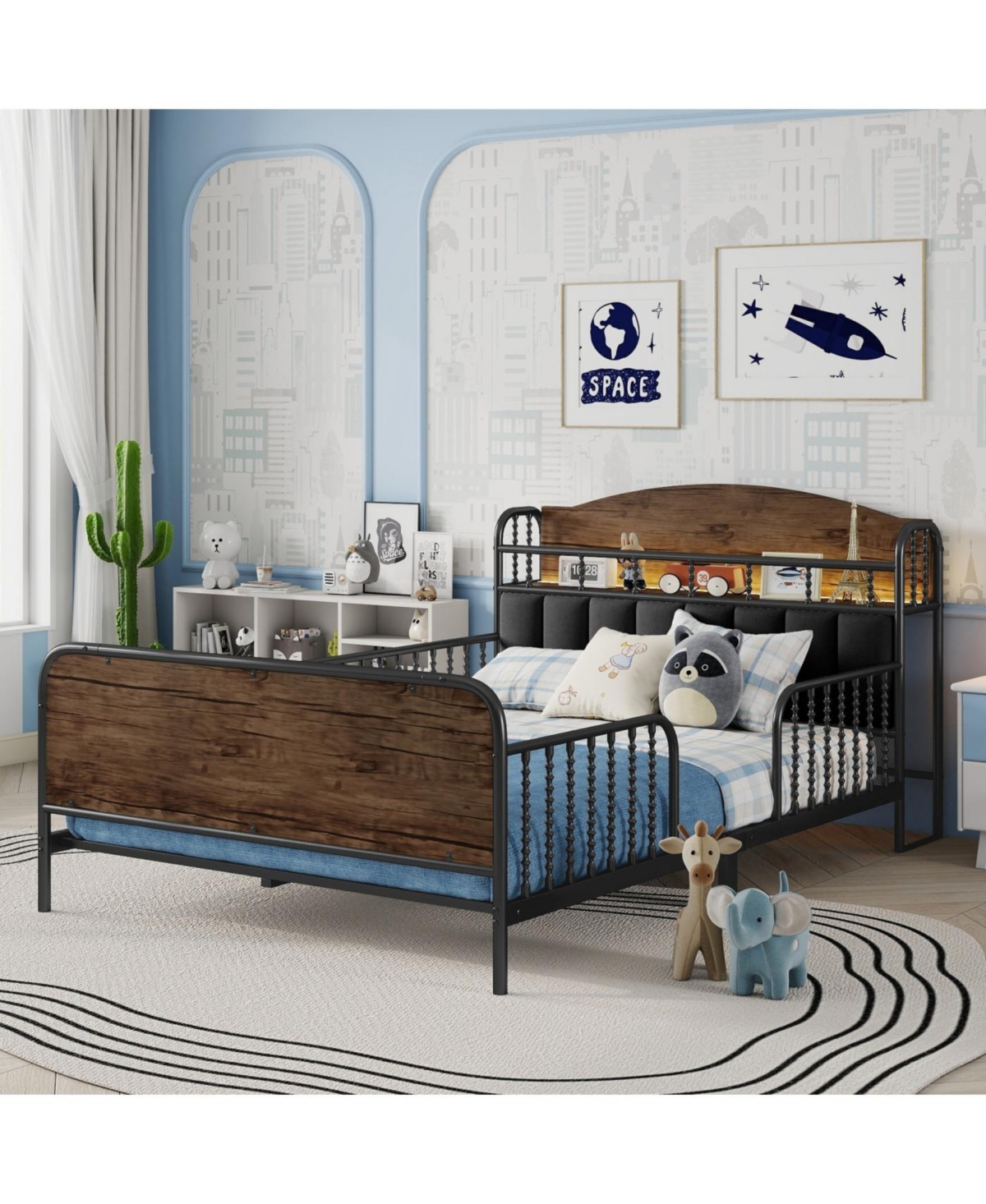 Streamdale Full Size Metal Platform Bed Frame with Storage Headboard, Black