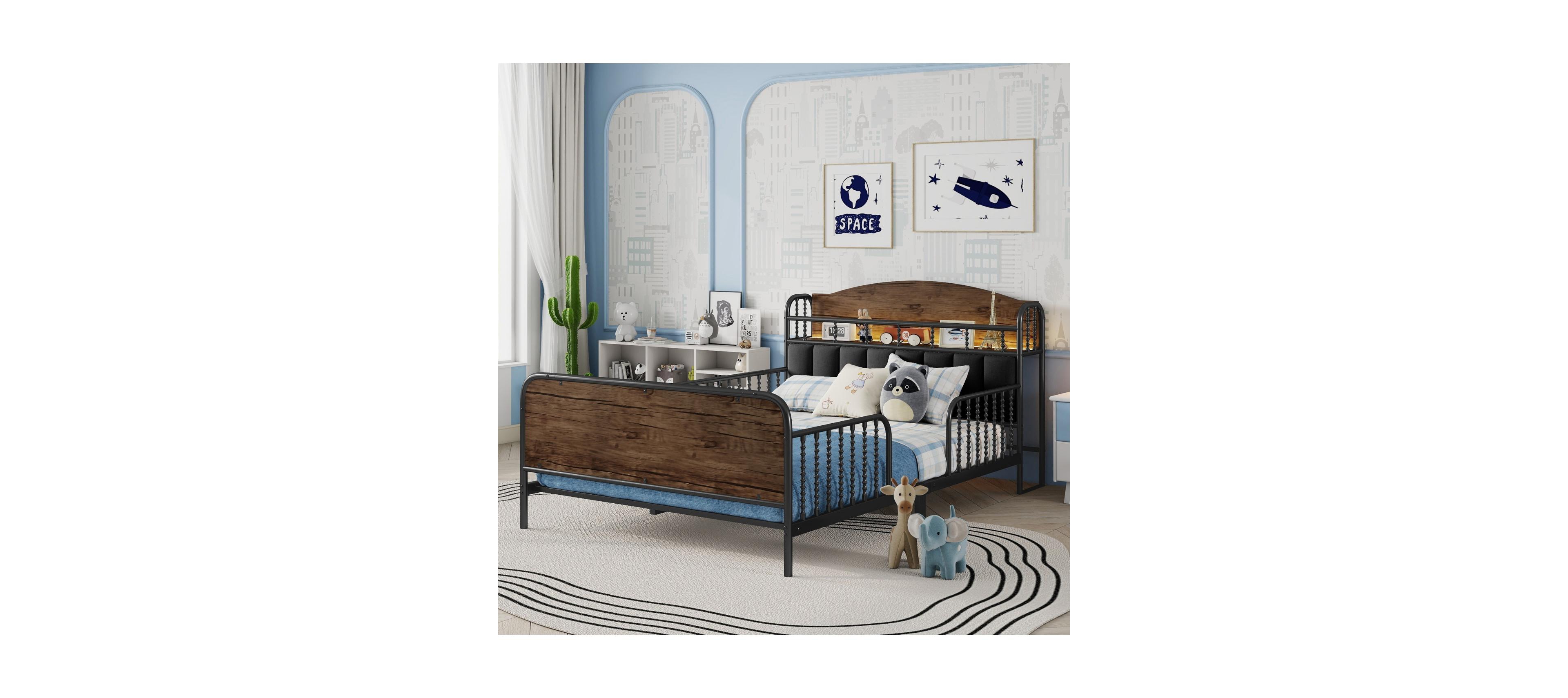 Streamdale Full Size Metal Platform Bed Frame with Storage Headboard, Black