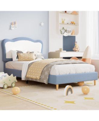 Upholstered Bed Frame for Kids with Scallop Headboard, Velvet, No Box Spring Needed, Noise Free