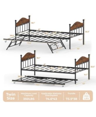 Metal Twin Bed Frame with Pop-Up Foldable Trundle, Sofa Bed with Stylish Headboard