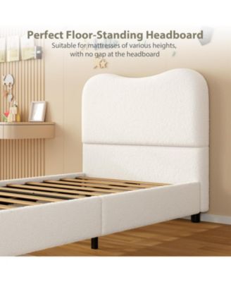Twin Size White Velvet Upholstered Kids Bed Frame with Headboard, Low Profile, Strong Wooden Slats, Easy Assembly