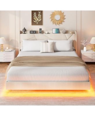 King Size Floating Bed Frame with LED Lights, Charging Station, Storage Headboard, Folding Shelf, Metal Slats, Beige