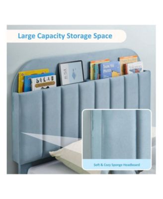 Twin XL Bed Frame with Storage Headboard Velvet Upholstered Platform for Kids Boys Wooden Slats Noise Free
