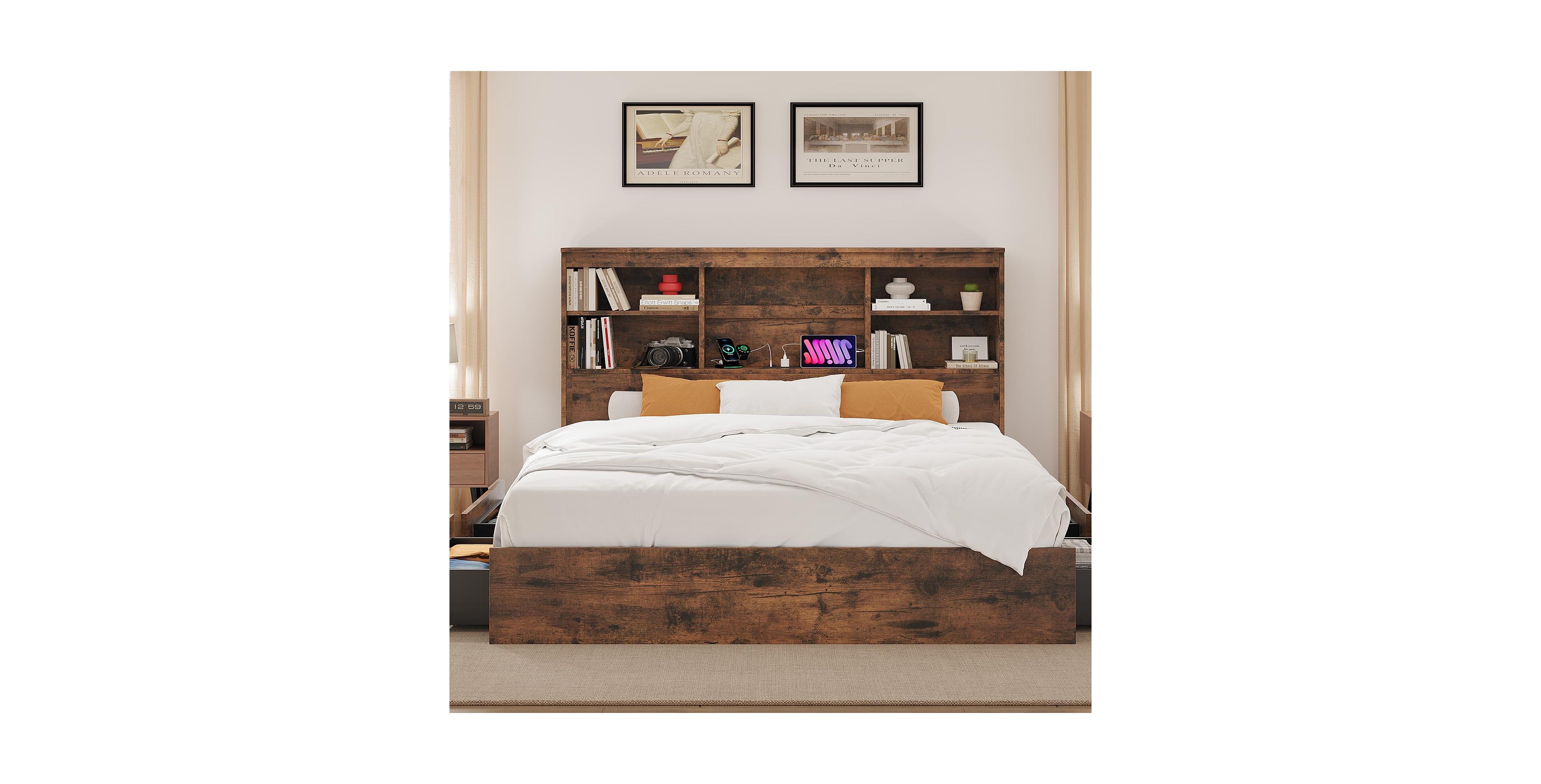 gaomon King Size Bed Frame with High Storage Bookcase Headboard