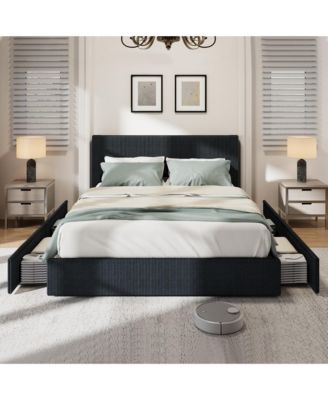 Queen Size Bed Frame with 4 Storage Drawers, Platform Queen Bed Frame with Upholstered Channel Tufted Wingback Headboard