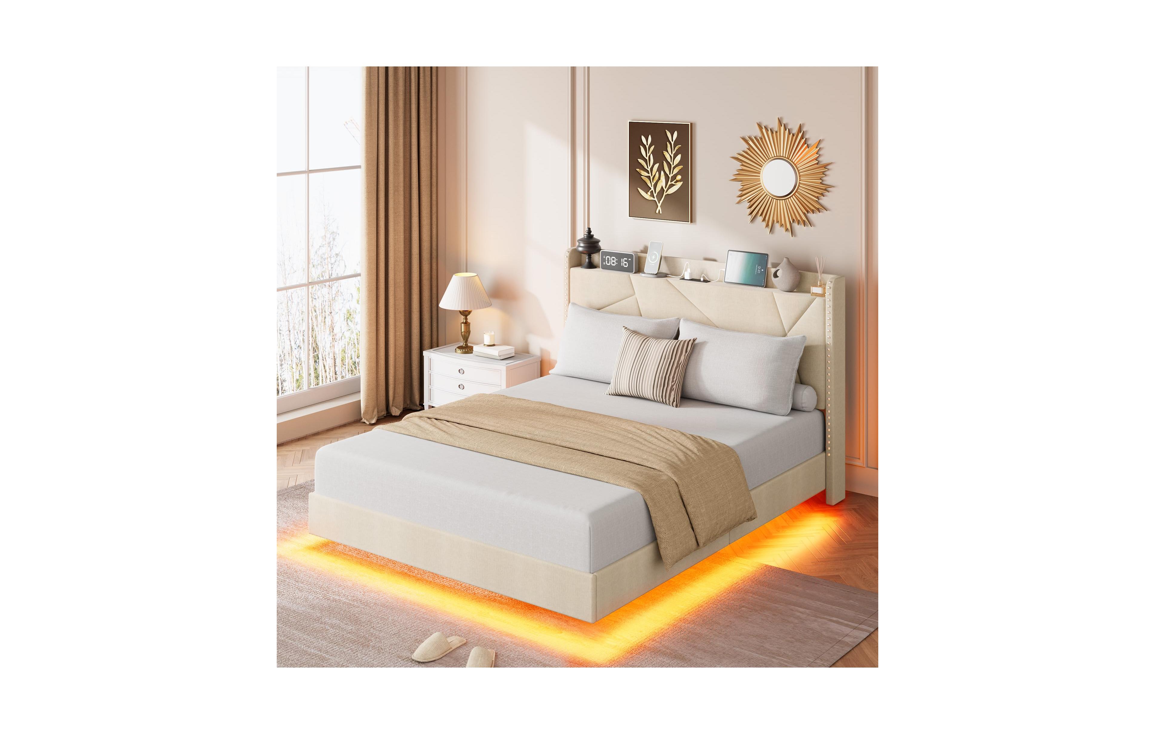 gaomon Full Size Floating Bed Frame, Suspended Bed with Rgb Led Lights and Charging Station, Upholstered Bed Frame