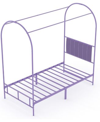 Twin Canopy Bed Frame, Metal Kids Platform with Upholstered Headboard, Strong Slats, Noise Free, Easy Assembly