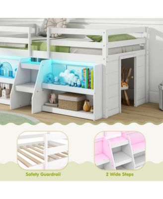 Twin Size Loft Bed w/ LED Lights Staircase & Safety Guardrail Under-bed Storage