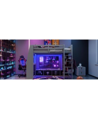 Gray Wood Twin Size Gaming Loft Bed w Built In Desk Storage Cabinets Hanging Clothes Rack LED Lighting Kids Teens Bedroom Furniture