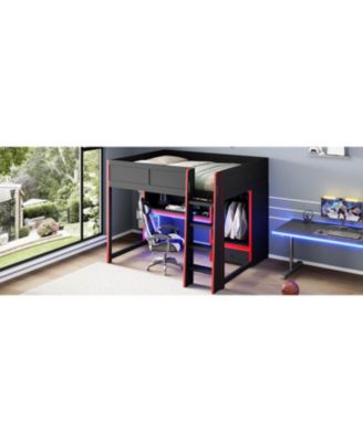 Wood Gaming Loft Bed with BuiltIn Desk Wardrobe and Storage Drawer LED Lighting Space Saving Furniture for Teens and Adults Bedrooms