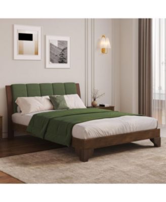 Streamdale Premium Pine Wood Queen Bed Frame, Mid Century Modern, Walnut & Green