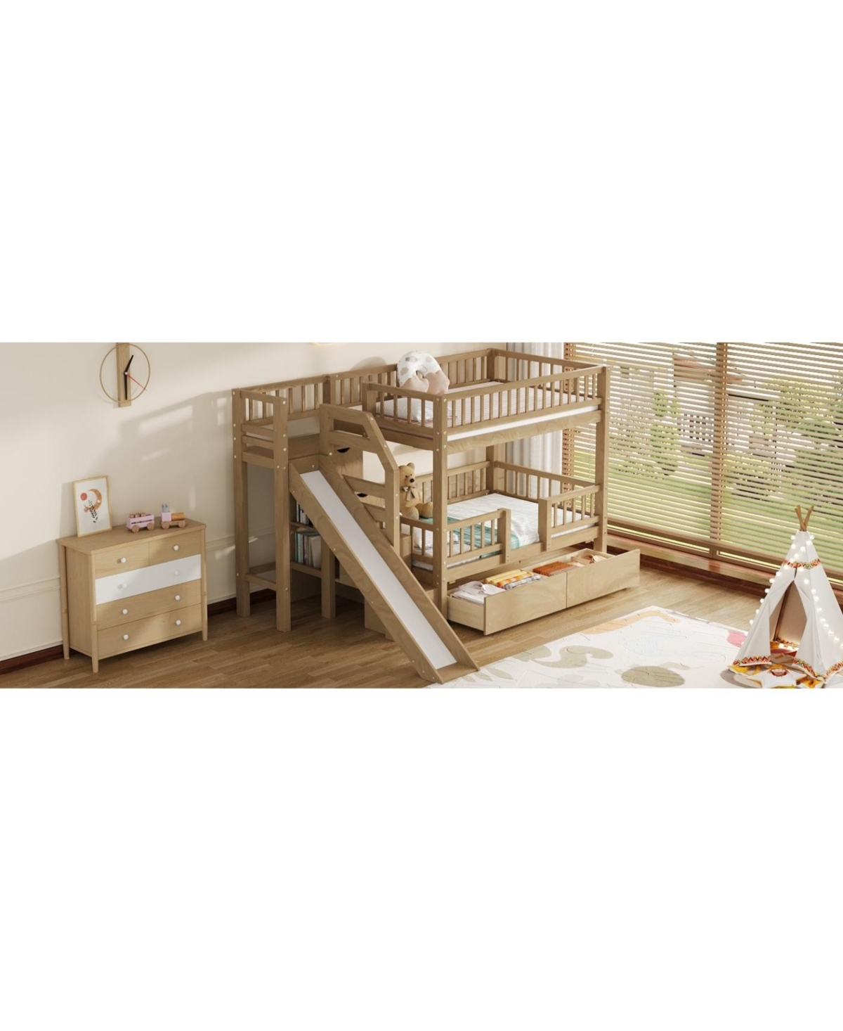 Streamdale Furniture Twin over Bunk Bed w/ Storage Stairs, Slide, 2 Drawers, Walnut