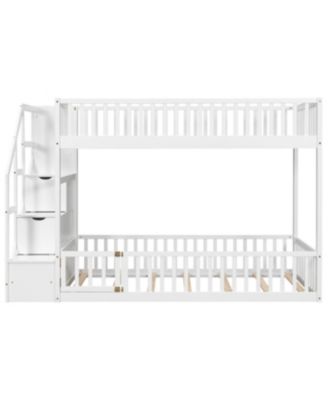 Twin over Twin Floor Bunk Bed, Ladder with Storage