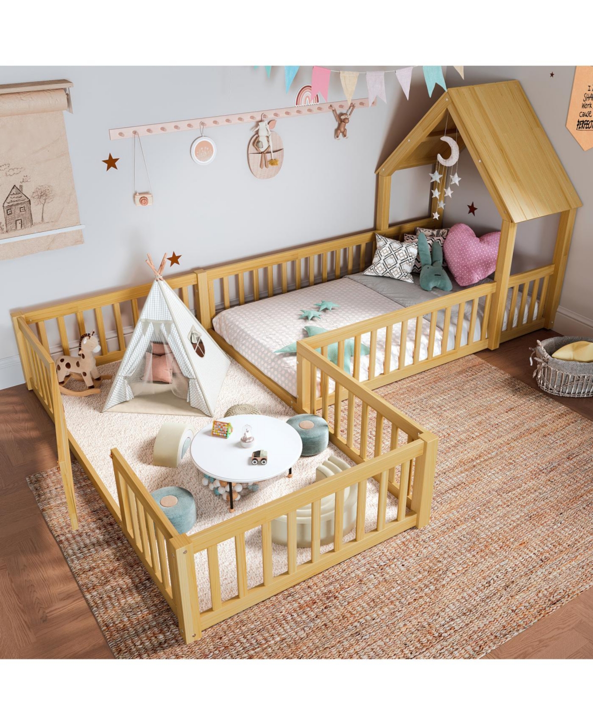 Streamdale Furniture Twin Size House Floor Bed with Door and Guardrails, Natural