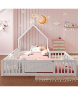  Full Size House Floor Bed with Door & Guardrails