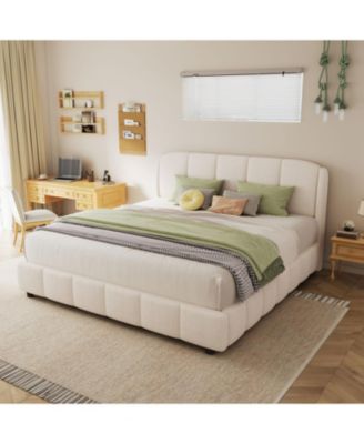 Boucle Fabric Platform Bed with Curved Headboard - Queen