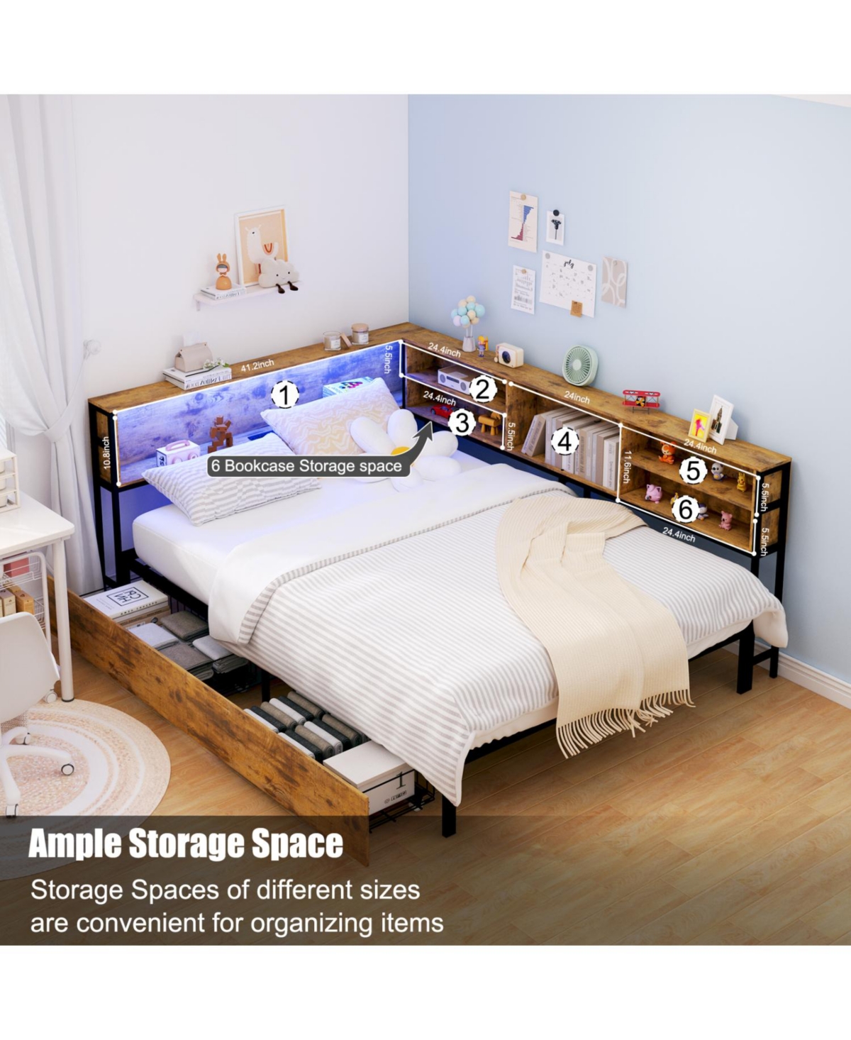 Streamdale Furniture Corner Bed Frame: Full Daybed with Storage, Charging & Led