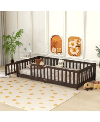  Twin Floor Bed with Fence & Door, Espresso
