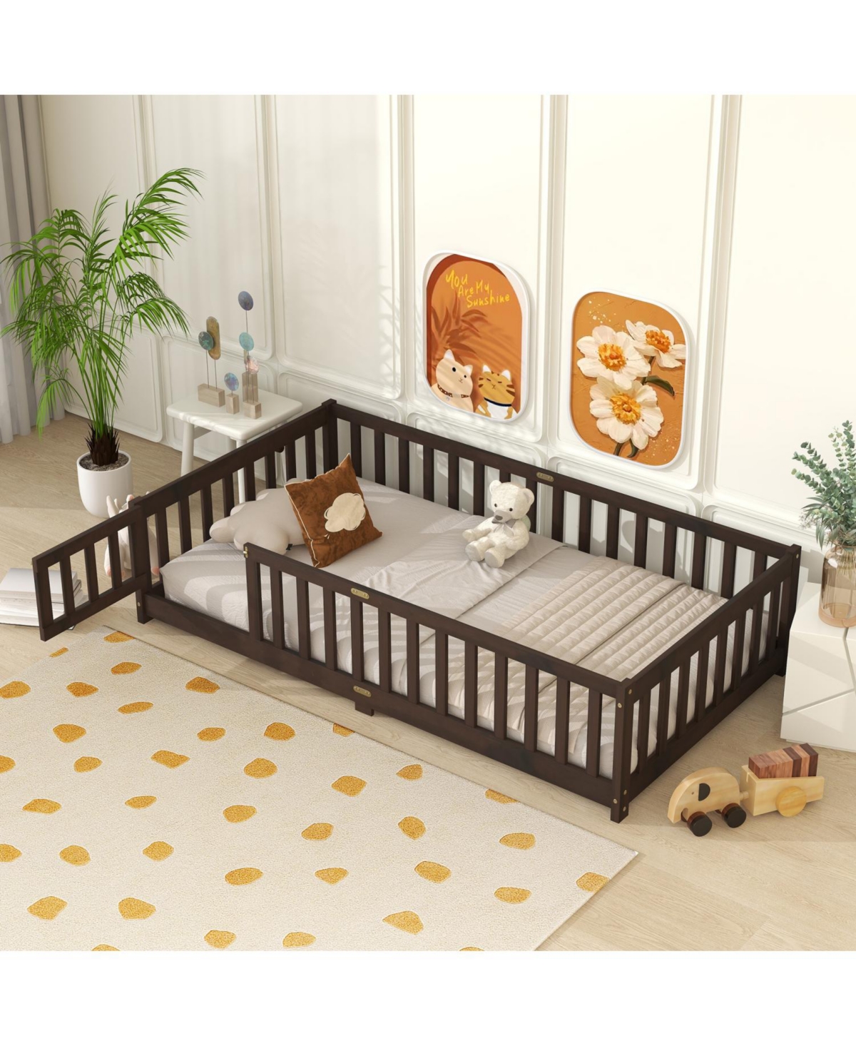 Streamdale Furniture Twin Floor Bed with Fence & Door, Espresso