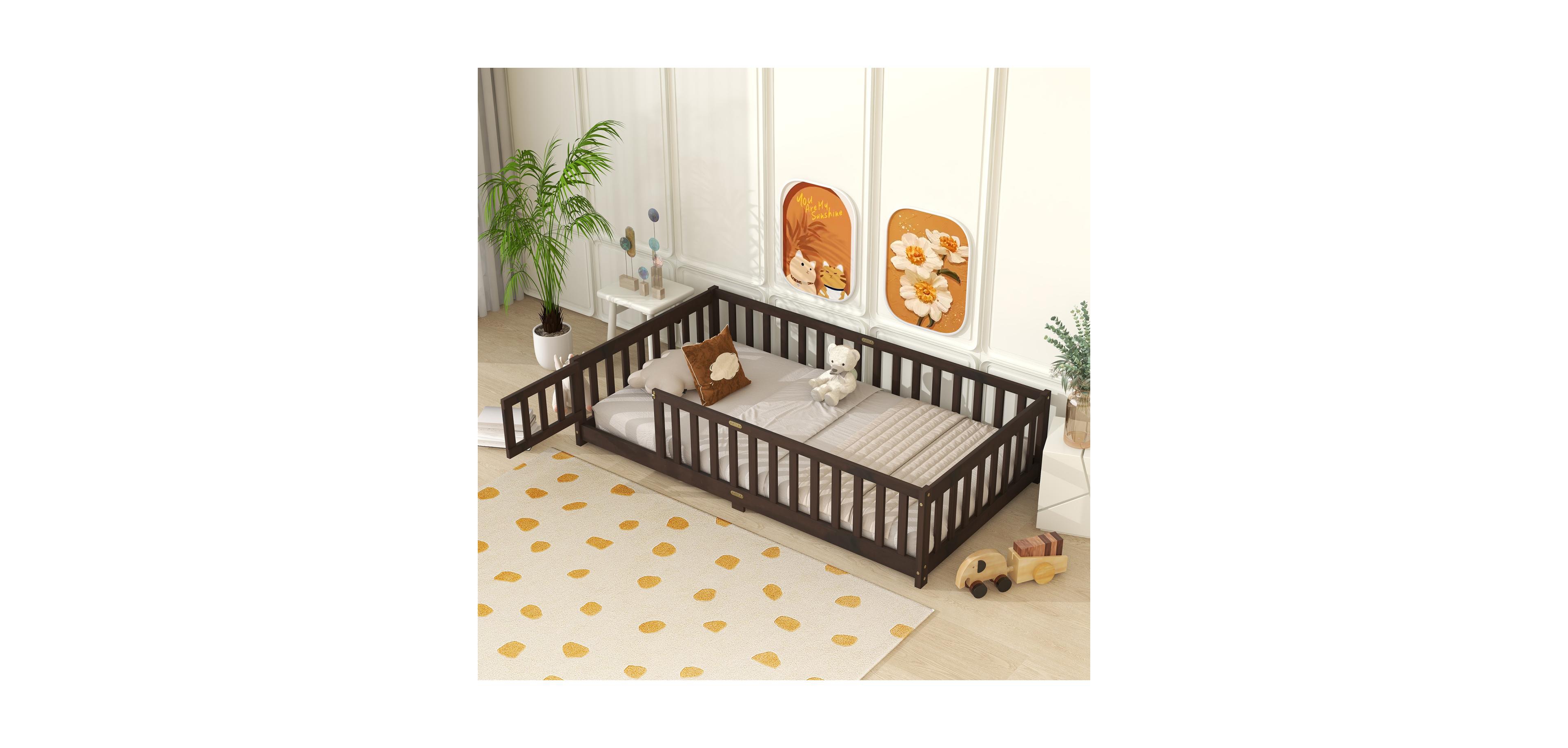 Streamdale Furniture Twin Floor Bed with Fence & Door, Espresso