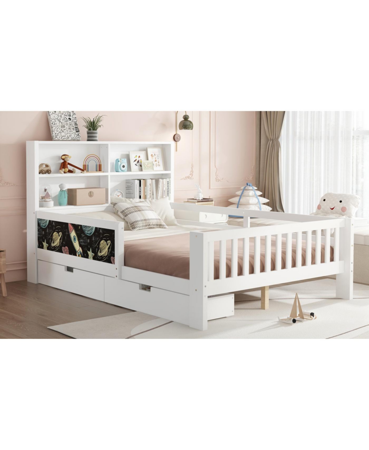 Streamdale Furniture Full Platform Bed with Chalkboard, Storage, Shelves